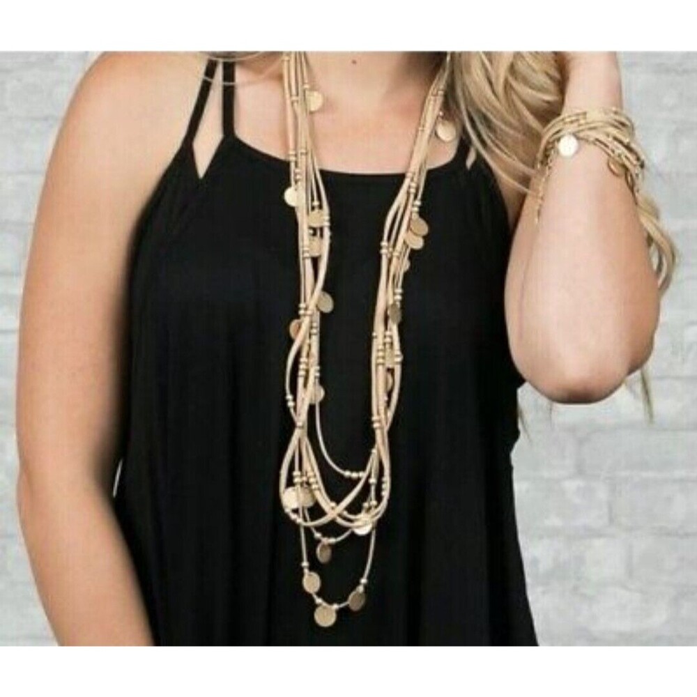 Plunder Rhiannon Tan Suede Leather Necklace Gold Beads Discs 20" Boho Festival - Picture 4 of 4